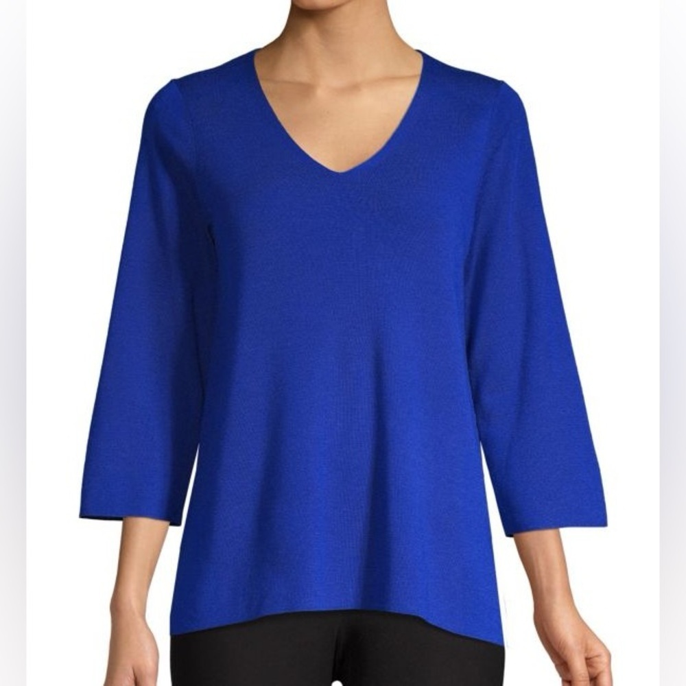 Eileen Fisher Royal Blue Three-Quarter V-Neck Merino Wool Sweater